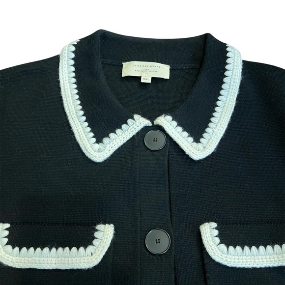 Sézane Betty Cardigan Black Ecru Crochet Trim Parisian Chic XXL Sz 12 NWOT - Picture 2 of 6